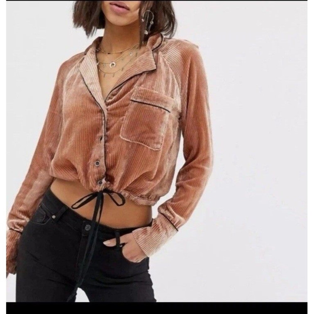 Free People Aspen Nights Velvet Top Women L Rose Ribbed Button Front Boho Blouse